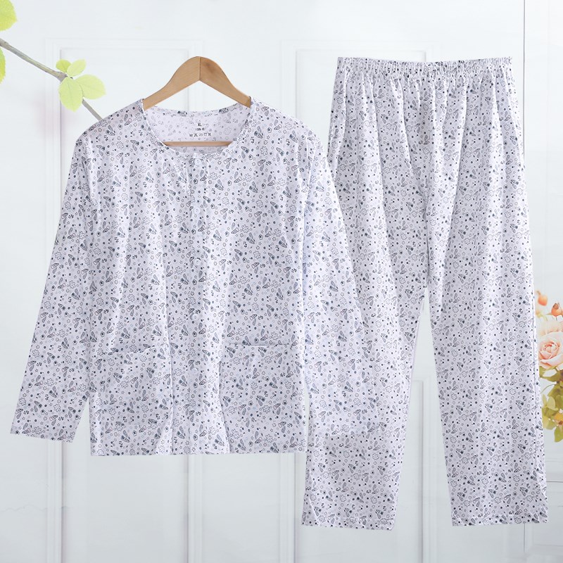 春秋妈妈长袖尺码睡衣中年女士全棉质开衫中老年宽松家居服套装夏