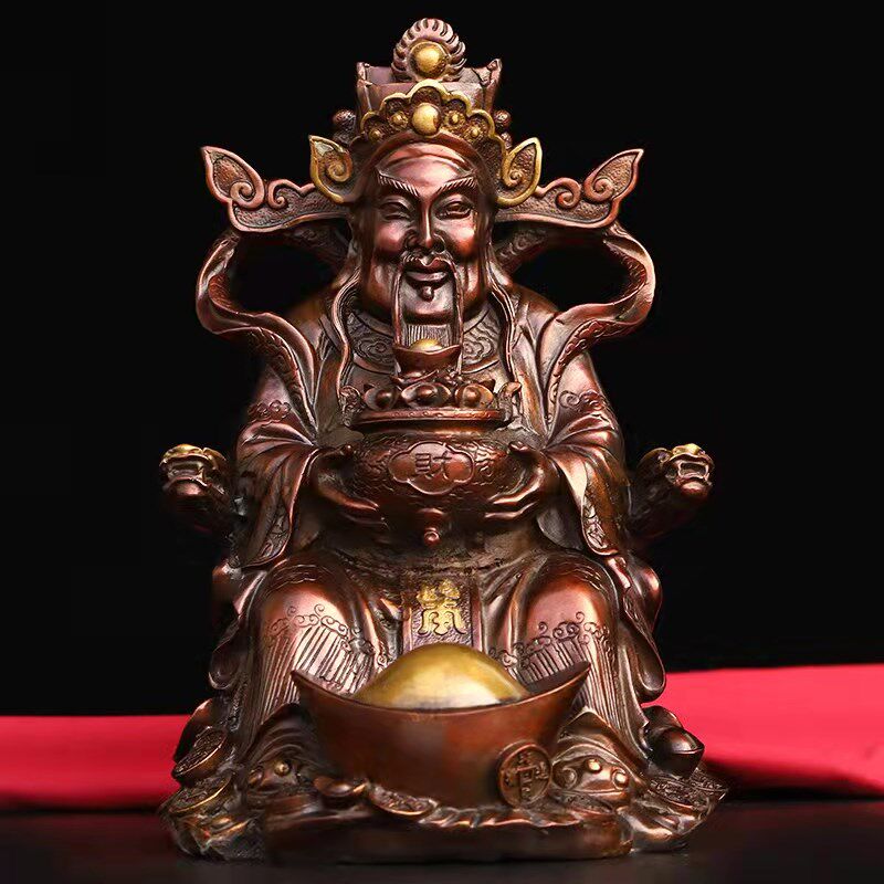 纯铜文财神爷佛像摆件坐龙椅托元宝如意福禄财神客厅办公室装饰品