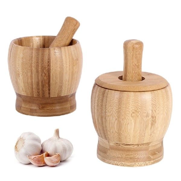 速发Bamboo Mortar and Pestle Grinder Pestle-Set Grinding-Bow