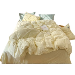 鹅黄色四件套100全棉水洗棉被套纯色床单床笠4季款床上用品