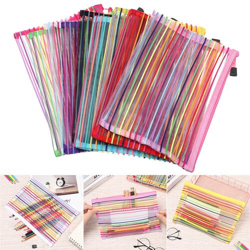 Nylon Pencil Case Simple Rainbow color Mesh Document Bag Mu