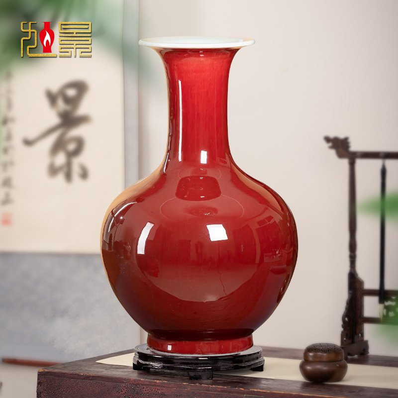 景德镇陶瓷花瓶h郎红釉瓷瓶子客厅电视柜插花大号中式瓷器摆件装