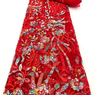 外贸大红色立体多色蕾丝花朵网低连衣裙婚纱服装舞台演出服面料布