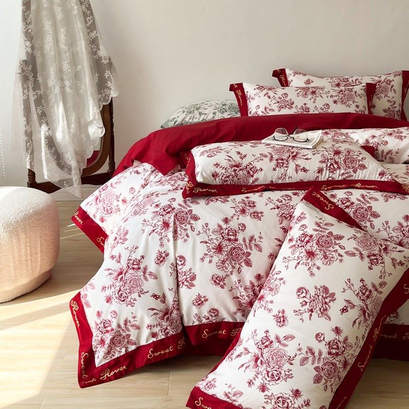 简约红色结婚印花100支长绒棉四件套喜被陪嫁新婚庆床上用品4,床上用品,婚庆床品套件,淘宝优惠券,粉丝福利购,淘宝优惠卷
