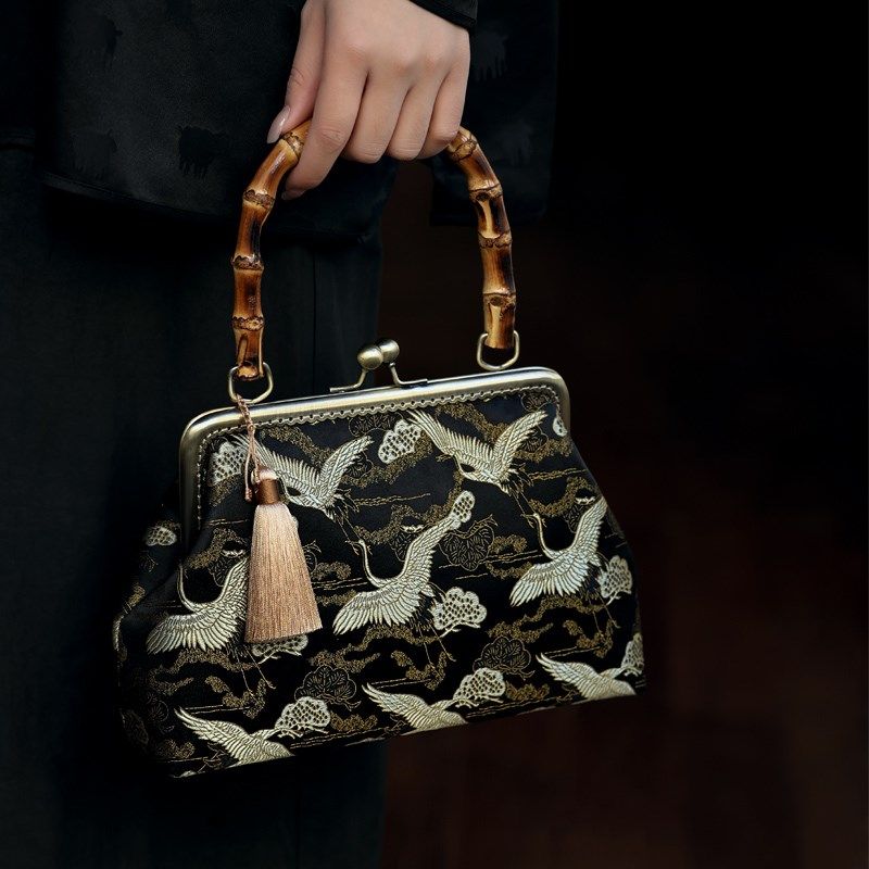 仙鹤竹柄手提包手工制作真丝织锦缎旗袍复古中国风百搭气质口金包