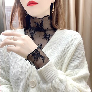 白色加绒蕾丝打底衫女内搭纱衣秋冬新款洋气加厚毛衣内衬蕾丝上衣