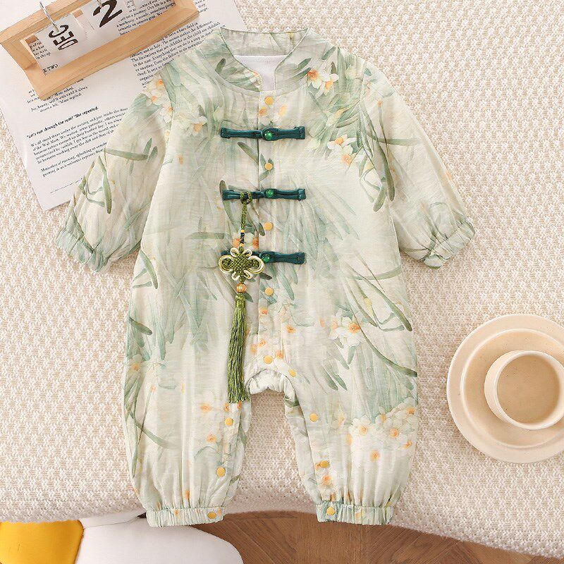 新品婴儿百天满月汉服春秋连体衣男宝宝双层纯棉爬服周岁长袖秋装