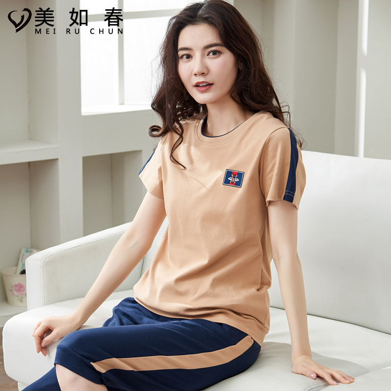 睡衣女夏季纯棉套装短袖五分裤可爱卡通夏天薄款七分裤运动家居服