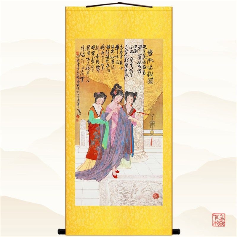 贵妃出浴图画像 杨玉环古代美女人物卷轴挂画 绢布丝绸装饰画定制