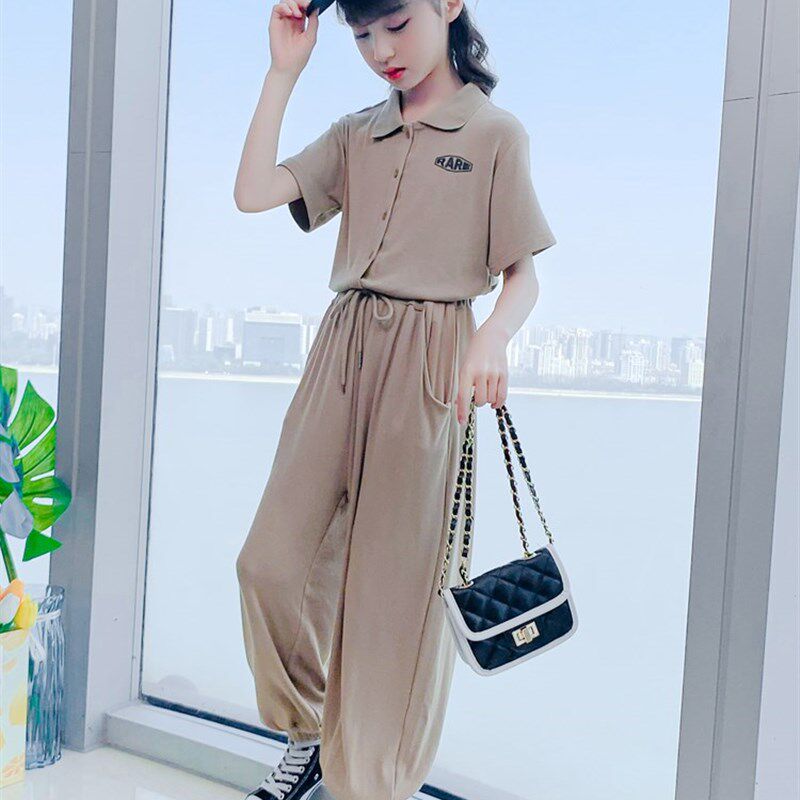 潮牌女童夏装套装港风中大童装新款韩版洋气时髦短袖儿童运动两件