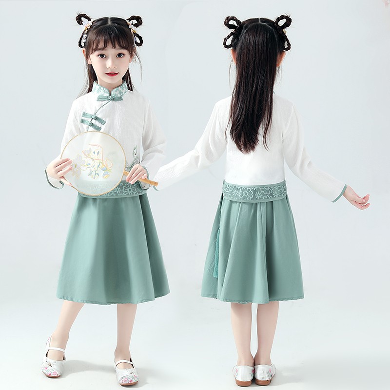 现货女童汉服春秋新款儿童古装民国风襦裙套装小女孩唐装中国风连