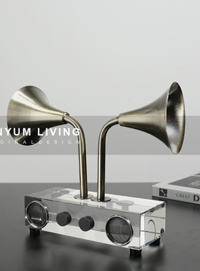 简约现代水晶复古m留声机样板房售楼处软装饰品客厅桌面金属摆件