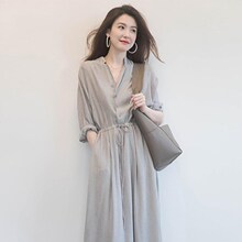 棉麻连衣裙女2024夏装新款复古v领气质收腰显瘦黑色百搭长裙子女