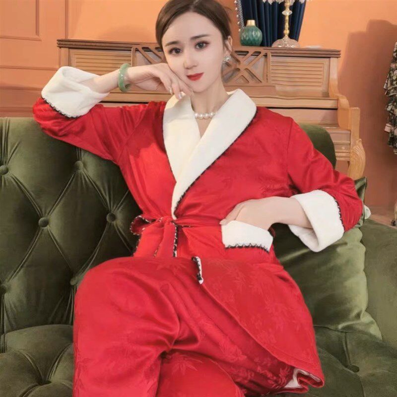 秋冬新款睡衣女本命红色高级感睡衣缎面加绒加厚保暖睡袍式家居服