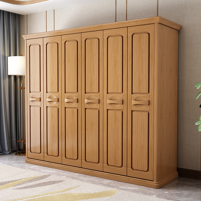 速发简约现代中式实木衣柜对开门组装二三四五六门整体橡木加顶柜