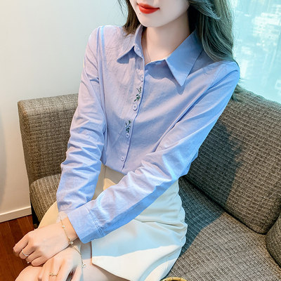 香港TIMO纯棉蓝色刺绣衬衫女新款秋长袖气质全棉上衣遮肚洋派衬衫