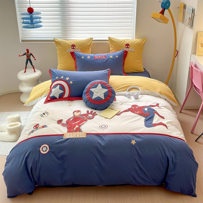儿童四件套纯棉男孩全棉水洗棉被单三件套卡通蜘蛛侠刺绣床上用品