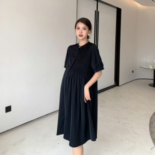 孕妇夏装雪纺连衣裙黑色显瘦职业孕妇装夏款2023新款夏季百褶裙子