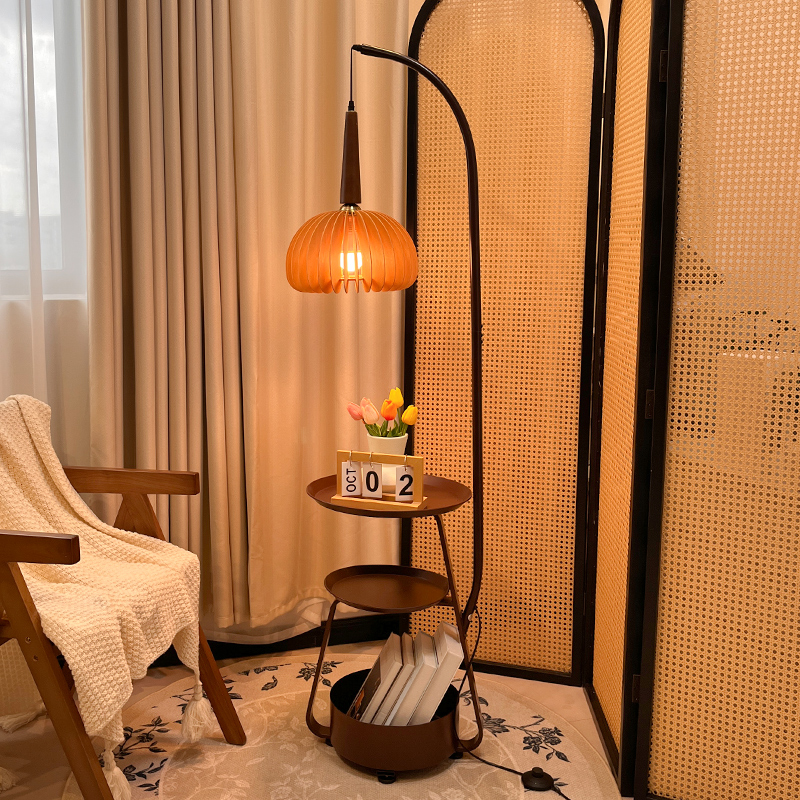 中古风置物架落地灯一体客厅沙发旁边几卧室床头柜氛围感立式台灯