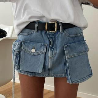 极速Women Asymmetrical Pockets Denim Mini Skirts Sexy Fashio