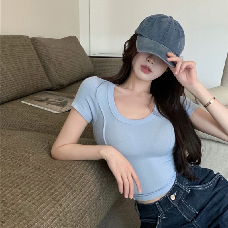 蓝色短袖T恤女2023年夏季新款性感U领紧身显瘦设计感高腰短款上衣