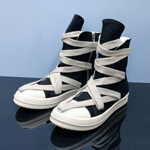ro高筒鞋男增高厚底鞋四季休闲五芒星粗宽鞋带板鞋女帆布短靴子潮