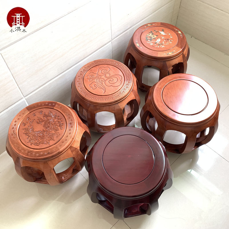菠萝格硬木家具明式古p典实木圆凳子客厅家用雕花鼓凳茶几红木矮