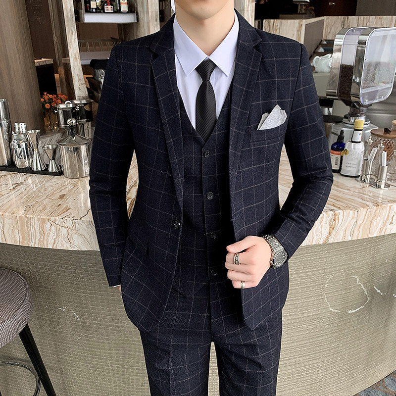 新品男士休闲西服套装修身潮流格子新郎结婚礼服韩版西装外套商务