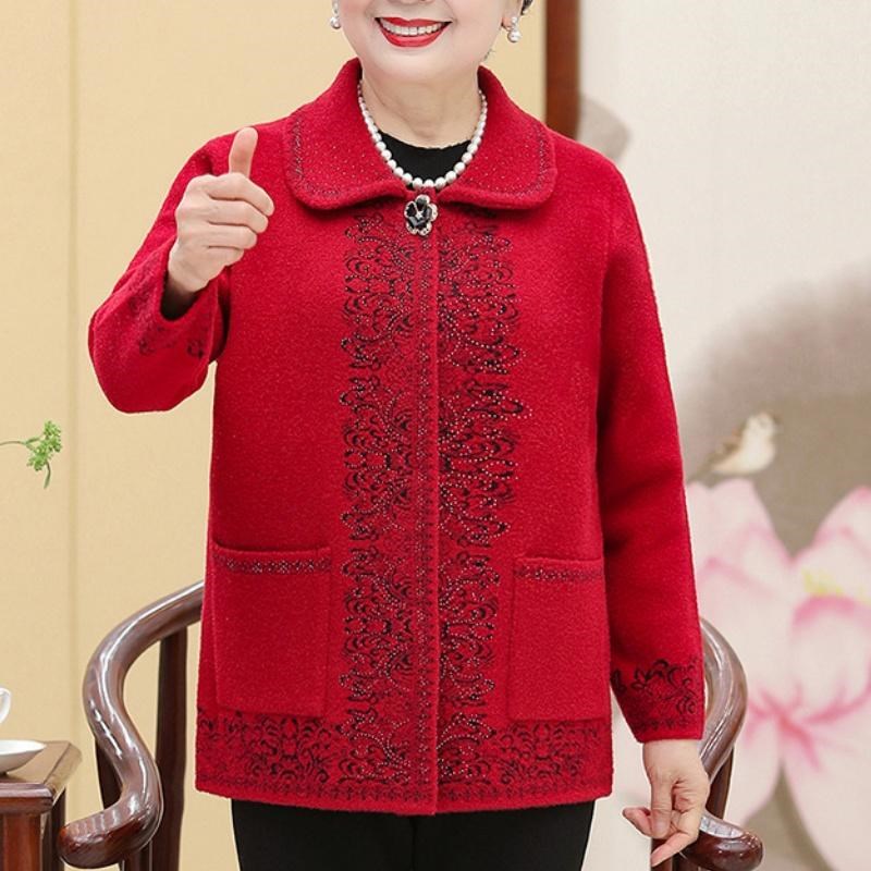 中老年人女大码冬装翻领外套中年妈妈装春秋装水晶绒上衣服洋气