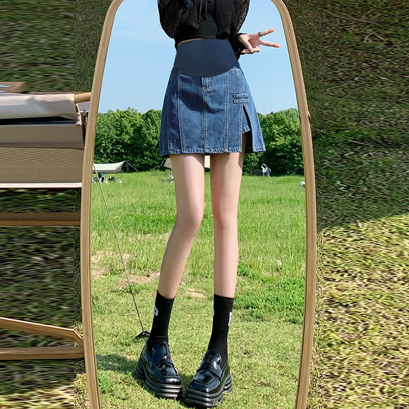 孕妇牛仔短裙裤夏季薄款外穿宽松压线开叉a字裙裤托腹孕妇半身裙
