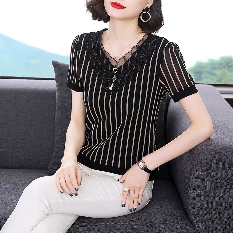 现货2023夏装大码女装网纱条纹T恤短袖中年妈妈遮肚显Z瘦上衣洋气