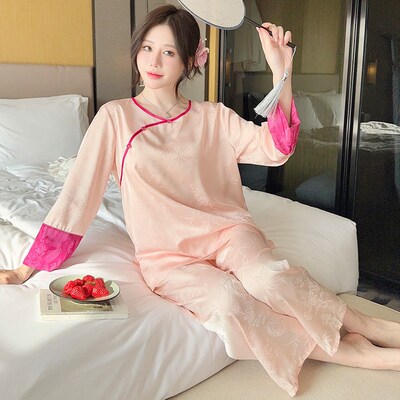 新中式国风睡衣女春夏季冰丝绸薄款套装高级拼接可外穿空调家居服