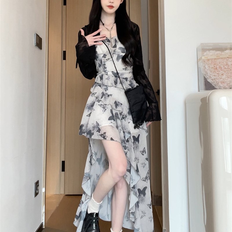A1106松本丧丧 蝴蝶裙碎花不规则吊带裙L早春连衣裙新款荷叶边裙图片