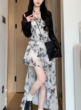 A1106松本丧丧 蝴蝶裙碎花不规则吊带裙L早春连衣裙新款荷叶边裙