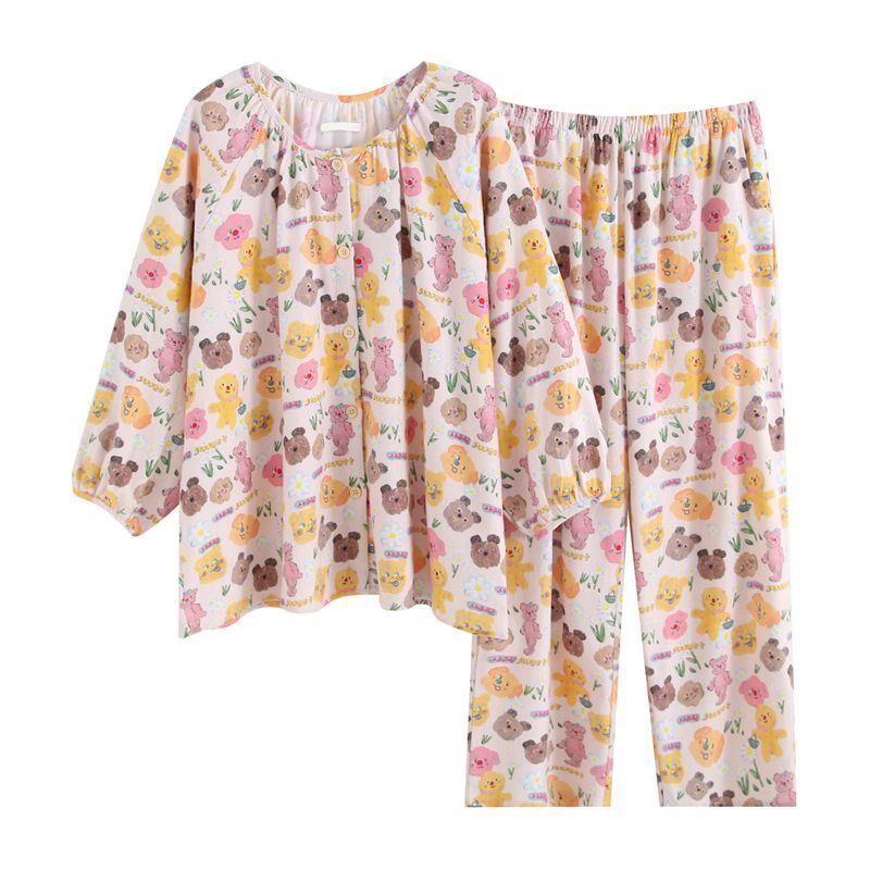 粉色日系睡衣女春秋款卡通可爱宽松新款月子服家居服夏季套装