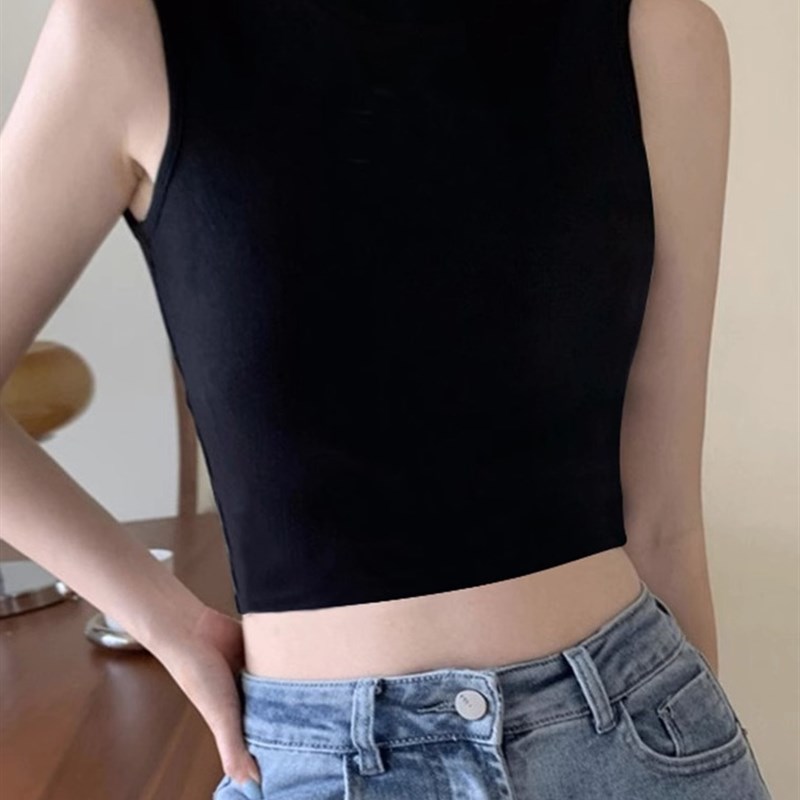 黑色背心女2024秋季新u款泰式修身显瘦短款露脐半高领无袖上衣