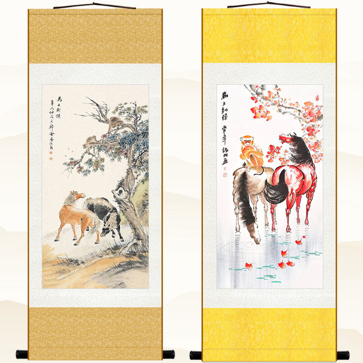 马上封侯图挂画 蜜蜂猴子双马 书房客厅装饰画风水画 丝绸卷轴画