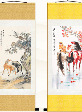 马上封侯图挂画 蜜蜂猴子双马 书房客厅装饰画风水画 丝绸卷轴画