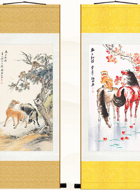 马上封侯图挂画 蜜蜂猴子双马 书房客厅装饰画风水画 丝绸卷轴画