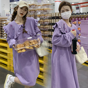 孕妇秋装套装外出时尚春秋款别致漂亮木耳边裙子秋季中长款连衣裙