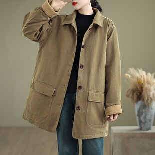冬装纯棉中长款夹棉工装外套女式加厚上衣2024复古翻领棉衣服
