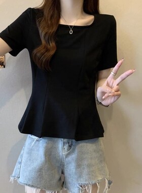 韩版方领短袖T恤女夏季新款大码胖mm收腰显瘦遮肚子a字版正肩上衣