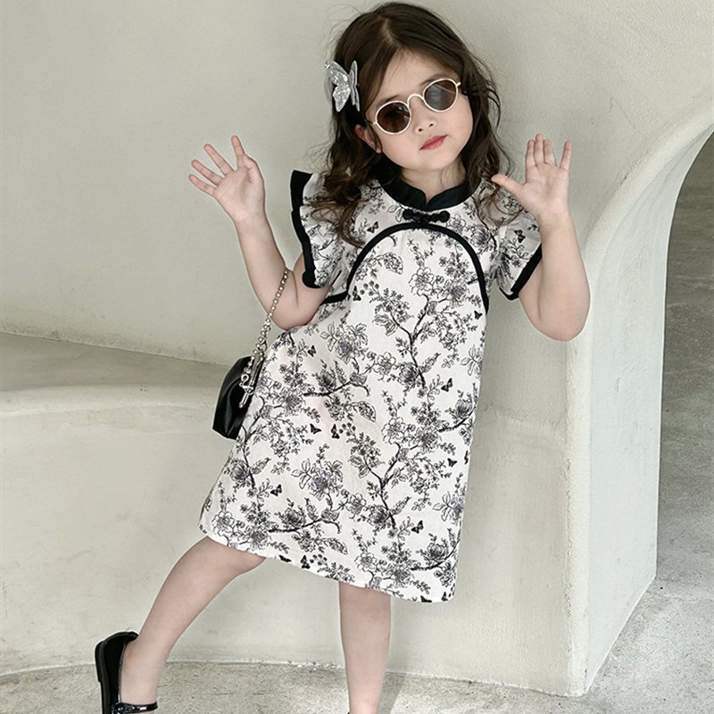 2023夏季女童新中式碎花旗袍裙宝宝复古中国风女孩水墨公主连身裙
