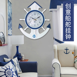 饰艺术钟表创意个性 地中海船舵挂钟静音时钟儿童房装 卧室客厅壁饰