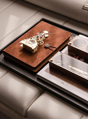 直销轻奢美式金属皮革托盘组合摆件样板间客厅茶几卧室飘窗装饰品