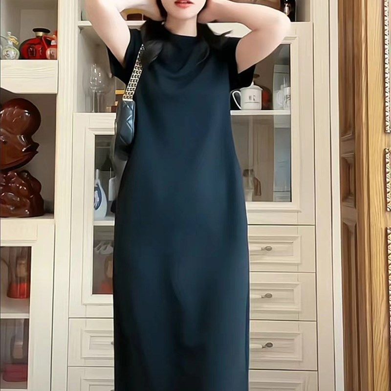 欧货休闲黑色长款连衣裙女高级感2024新款夏季气质收腰开叉t恤裙,女装/女士精品,大码内搭,淘宝优惠券,粉丝福利购,淘宝优惠卷