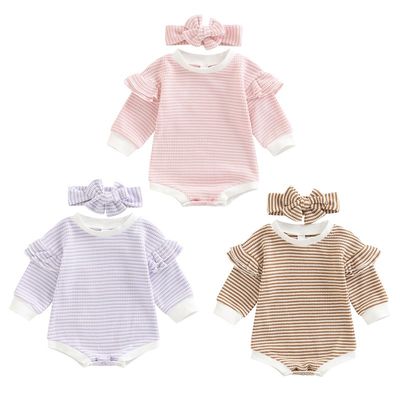 推荐Autumn 2Pcs Baby Girl Fall Outfit, Stripe Patchwork Ruff