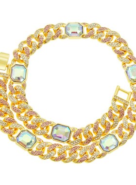 欧美夸张炫彩方钻古巴链潮v人项链 嘻哈街舞穿搭满钻霸气男士饰品