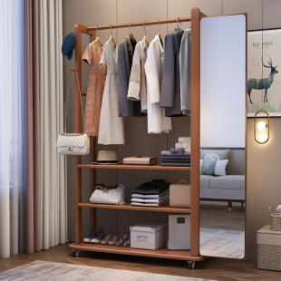 实木穿衣镜衣帽架一体落地卧室家用多功能收纳挂衣架全身镜试现货