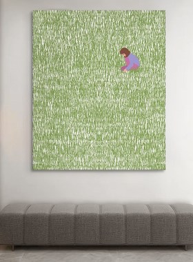 田园绿色系草丛人物纯手绘油画客厅装饰画抽象植物卧室儿童房挂画